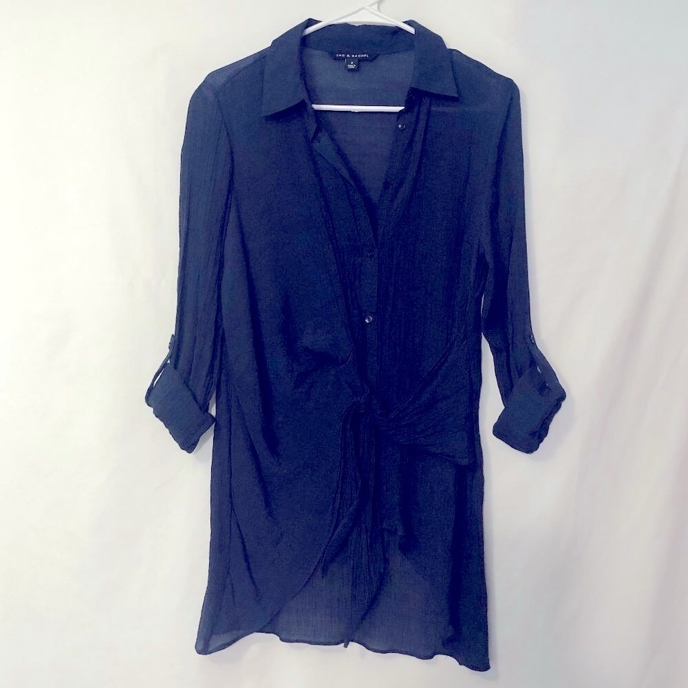 Zac & Rachel Dark Blue Tie Front Long Sleeve Top Size S